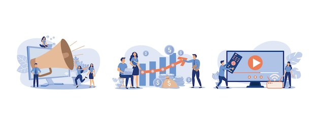 Startup managers presenting analyzing sales growth chart tiny couple watching video on internet set