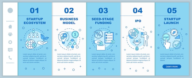 Запуск векторного шаблона мобильных веб-страниц. создание бизнеса. идея адаптивного интерфейса веб-сайта для смартфонов с линейными иллюстрациями. пошаговые экраны обхода веб-страницы. концепция цвета