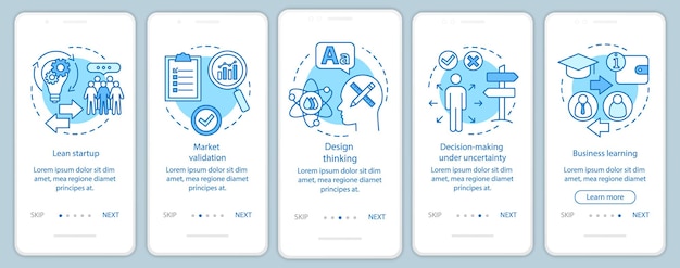 Startup principles onboarding mobile app page screen with linear concepts. Building business walkthrough steps graphic instructions. UX, UI, GUI vector template with illustrations