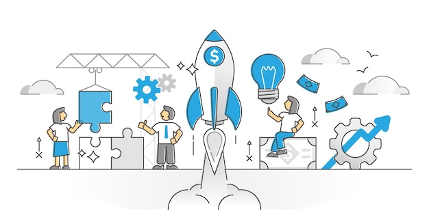 Startup project launch with innovative business idea monocolor outline concept. Company teamwork scene with problem overcome and solution finding to reach financial money profit vector illustration.