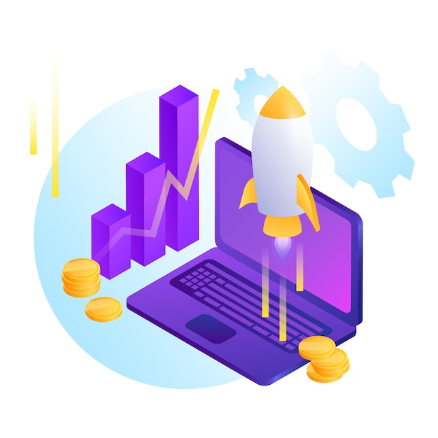 Startup projects Illustration Computer Graph Rocket and Coins Vector illustration