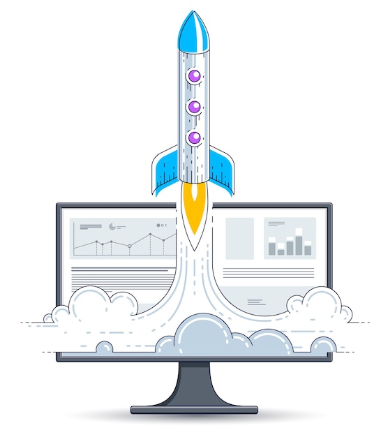 Startup rocket take off over computer monitor, space rocket flying start up internet business concept, online finance, marketplace or shop, vector illustration.