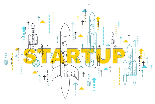 Startup rockets take off, space rockets flying start up business concept, vector illustration.