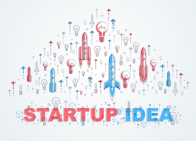 Startup rockets take off, space rockets flying start up business concept, vector illustration.