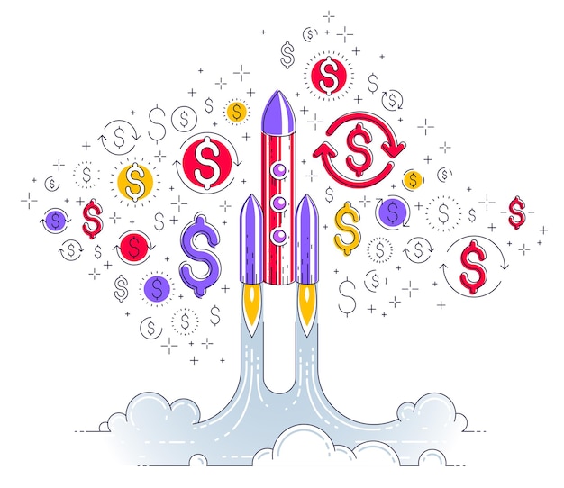 Startup rockets take off, space rockets flying start up business concept, vector illustration.