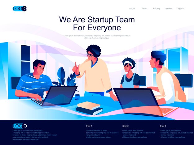 Startup team isometric landing page with flat characters situation