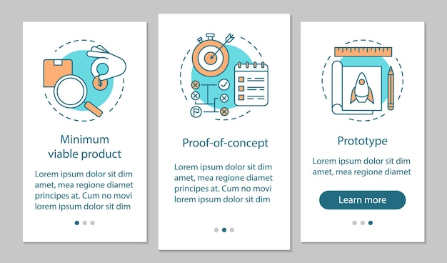 Test di avvio della schermata della pagina dell'app mobile onboarding con concetti lineari. prova del prodotto. mvp, poc, istruzioni grafiche dei passaggi della procedura dettagliata del prototipo. modello vettoriale ux, ui, gui con illustrazioni