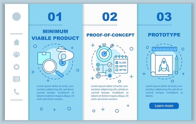 Test di avvio per l'onboarding del modello vettoriale di pagine web mobili. prova del prodotto. idea reattiva dell'interfaccia del sito web per smartphone con illustrazioni lineari. schermate della procedura dettagliata della pagina web. concetto di colore