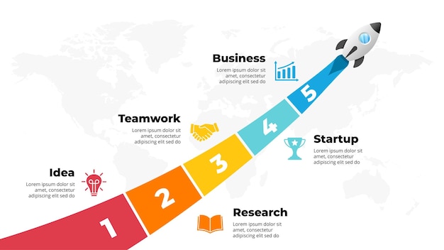 시작 벡터 Infographic 로켓 발사 우주선 비행 비즈니스 성공 다이어그램 차트 세계 지도