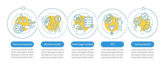 시작 벡터 Infographic 템플릿입니다. 프로젝트를 시작합니다. 비즈니스 프레젠테이션 디자인 요소입니다. 5단계 및 옵션이 있는 데이터 시각화. 프로세스 타임라인 차트. 선형 아이콘이 있는 워크플로 레이아웃