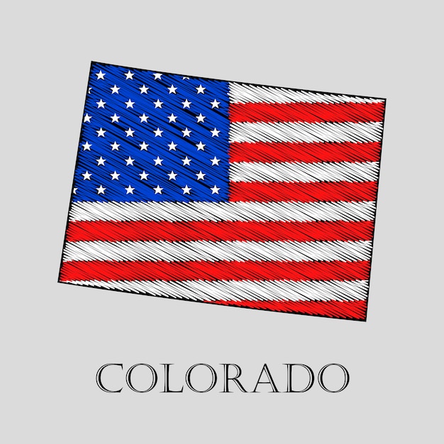 Штат Колорадо в стиле каракулей - векторные иллюстрации. Абстрактная плоская карта Колорадо с наложением флага США.