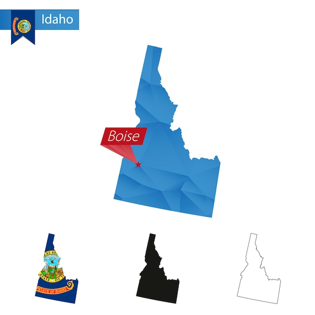 アイダホ州の青い低ポリ地図と首都ボイジー