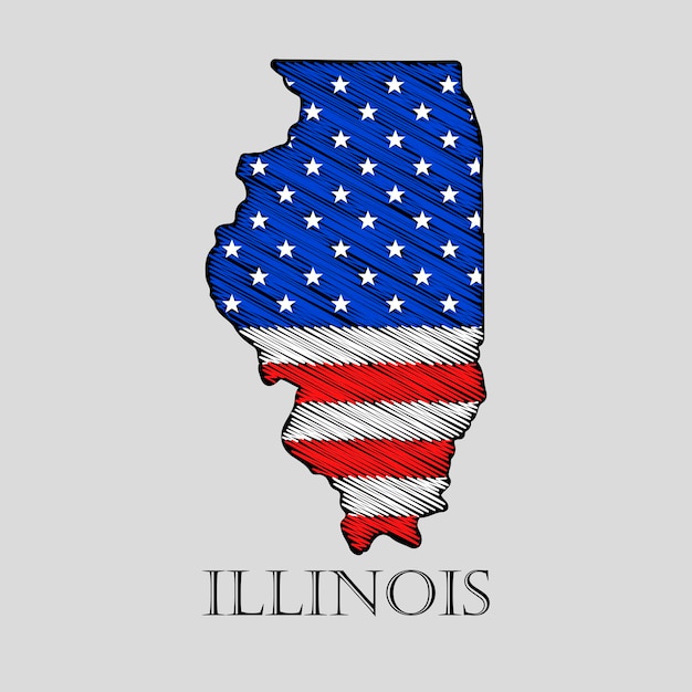 落書きスタイルのイリノイ州-ベクトルイラスト。米国旗を課したイリノイ州の抽象的なフラットマップ。