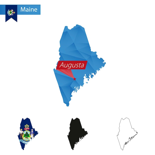 State of maine blue low poly map with capital augusta