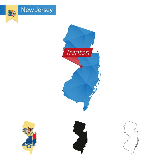 State of New Jersey blue Low Poly map with capital Trenton