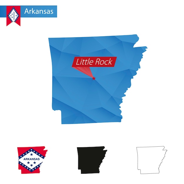 Синяя карта штата арканзас low poly со столицей литл-рок