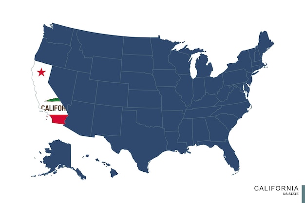 벡터 아메리카 합중국의 파란 지도에 있는 캘리포니아 주 국기와 캘리포니아 지도
