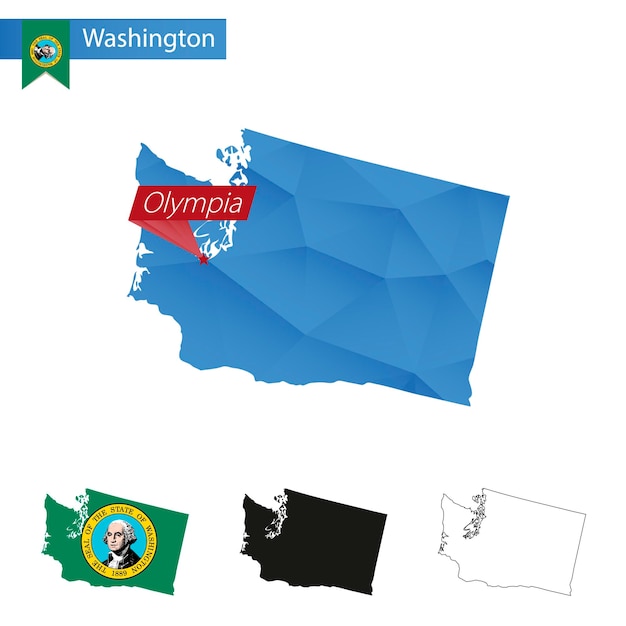 State of Washington blauwe Low Poly kaart met hoofdstad Olympia