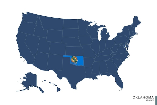 State of Oklahoma on blue map of United States of America Flag and map of Oklahoma