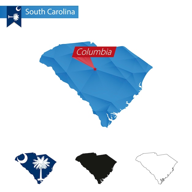 State of South Carolina blue Low Poly map with capital Columbia