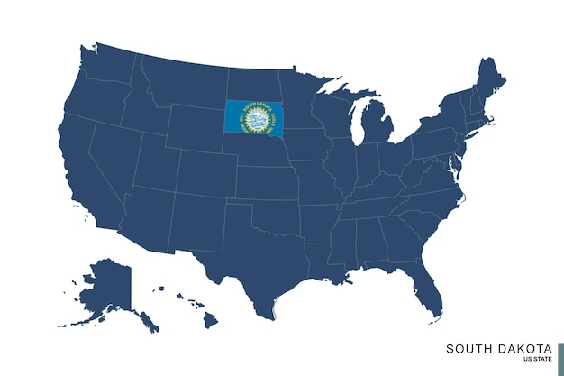 Stato del dakota del sud sulla mappa blu degli stati uniti d'america bandiera e mappa del dakota del sud