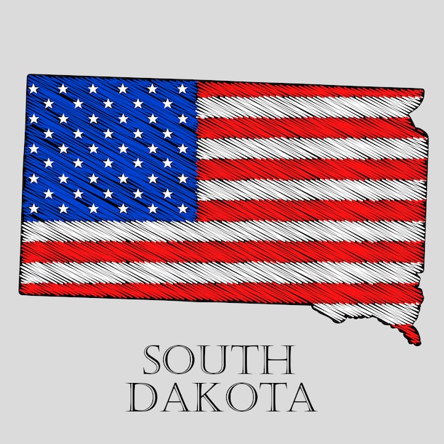 State South Dakota in scribble style - vector illustration. Abstract flat map of South Dakota with the imposition of US flag.