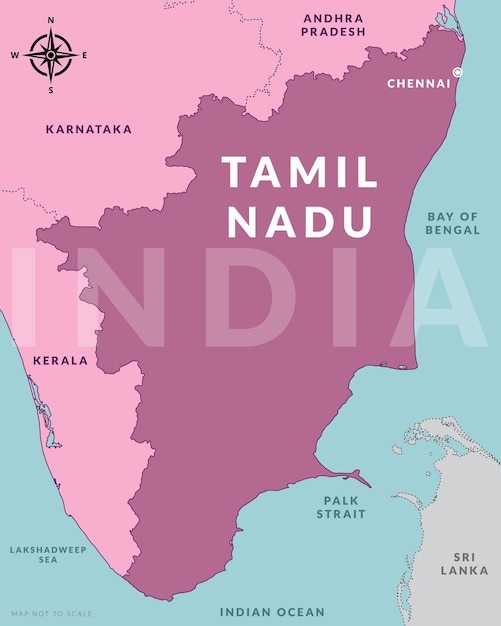 State of Tamil Nadu India with capital city Chennai hand drawn map