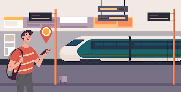 Vector station platform toeristische trein spoorweg concept grafisch ontwerp illustratie