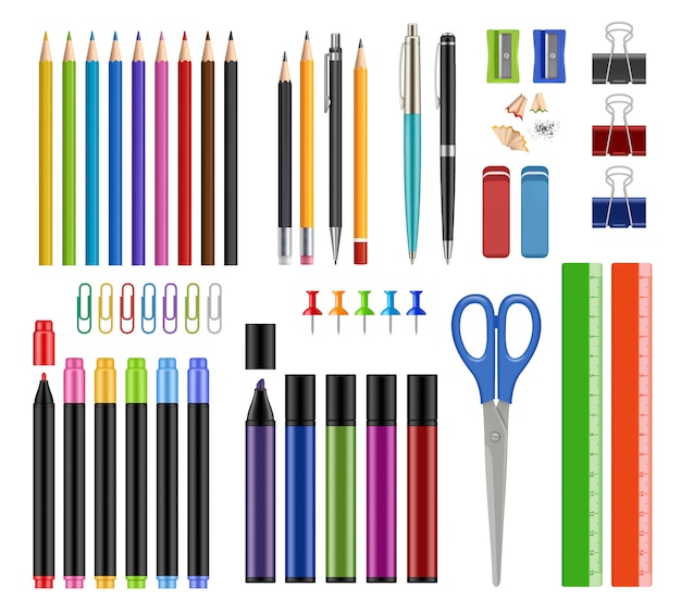 Vector stationary collection. pen pencils sharpen rubber school education tools or office supply items  realistic s isolated