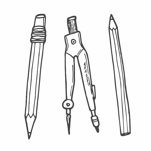 Vector stationary hand drawn doodle vector illustrations set style sketch with compass pen and pencil