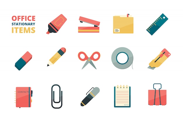 Stationary items. Business office tools paper folder pencil eraser pen paper clip stapler marker  flat icons collection