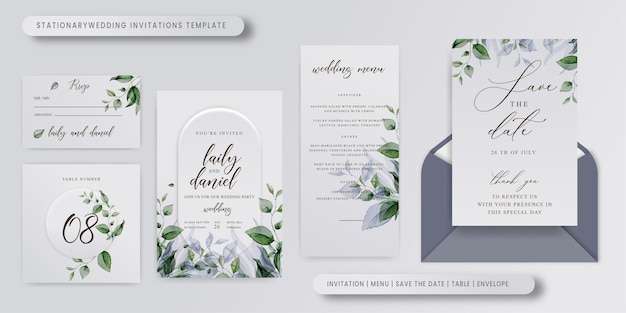 stationary Wedding invitation and menu template with beautiful leaves water color