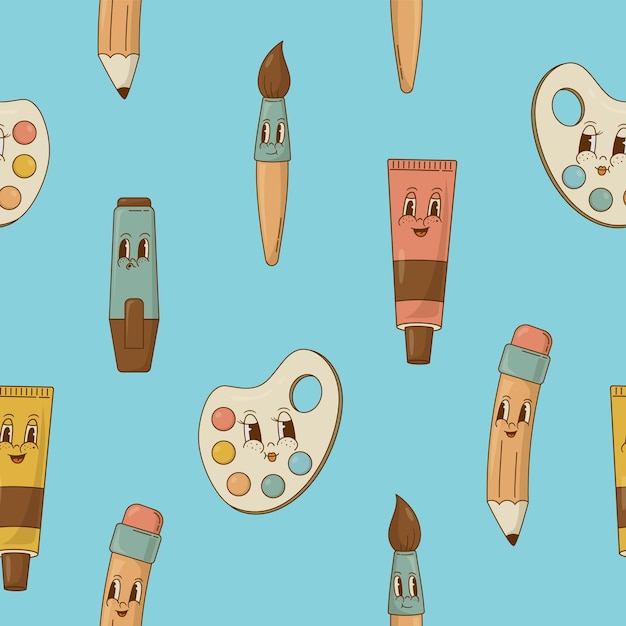 Stationery artist supplies retro cartoon mascot seamless pattern Vintage pencil oil paint brush