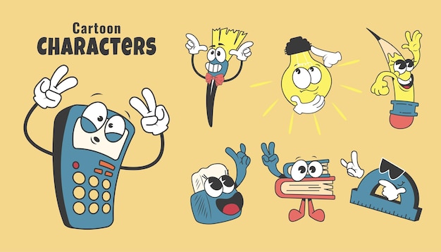 Vector stationery cartoon characters in retro style vector illustration