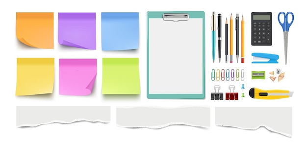 Stationery collection Realistic pen pencil notes sheets Isolated scissors paper clips and ripped edge pieces vector set
