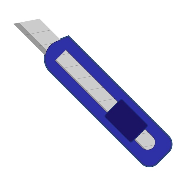 Иконка канцелярского ножа для бумаги, нож для резки бумаги, канцелярские принадлежности, каракули, векторная иллюстрация стационарных предметов, иконка синего ножа на белом фоне