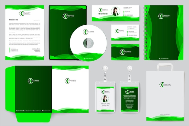 Stationery mockup set on green branding identity with A4 letterhead folder paper bag template