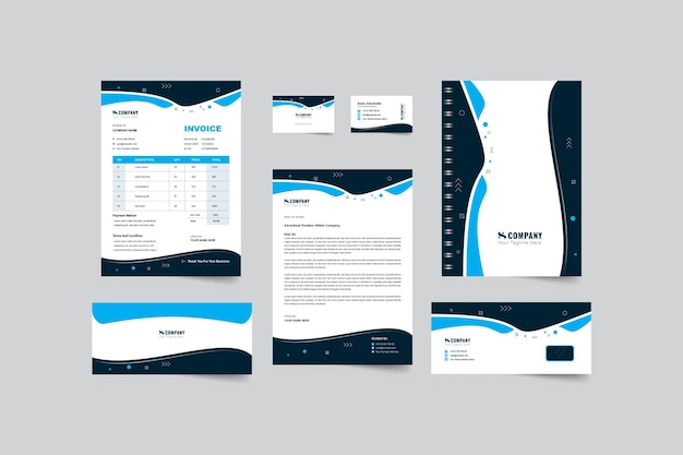 Vettore set di cancelleria e layout del pacchetto di identità con accenti blu