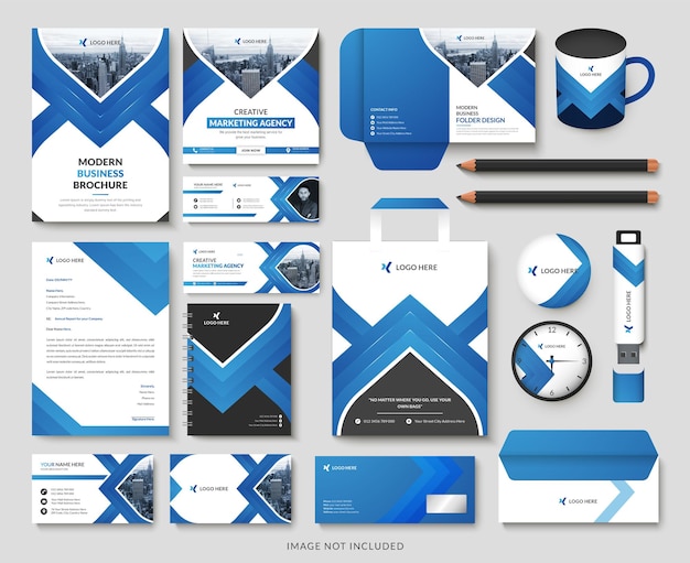 Stationery set with business branding blue highlighted professional color and modern shapes