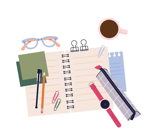 stationery supplies top view high angle view at notebook pencil pen and pins glasses and coffee