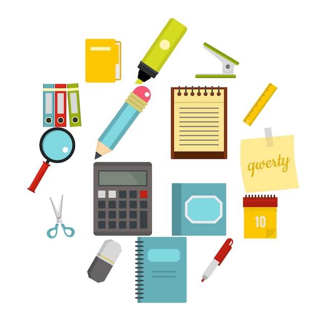 Stationery symbols icons set in flat style