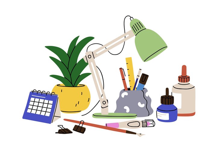 Vector stationery tools accessories at workplace school table supplies composition desk lamp calendar pens potted plant in disorder chaos mess flat vector illustration isolated on white background