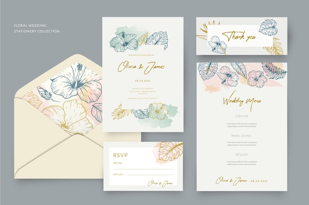 Vector stationery wedding set with floral ornaments