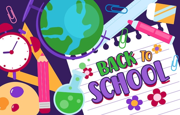 Stationery With Back To School Banner Vector Illustration