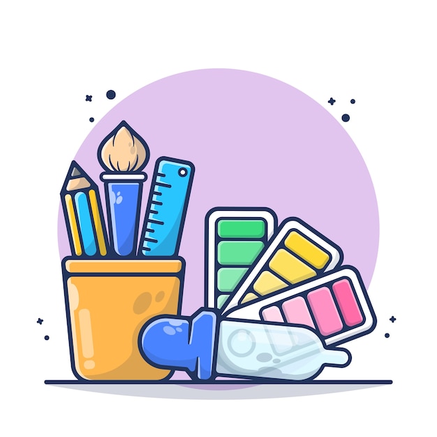 stationery with ruler, pencil, brush, and dropper, color palette   illustration. education supplies. flat cartoon style