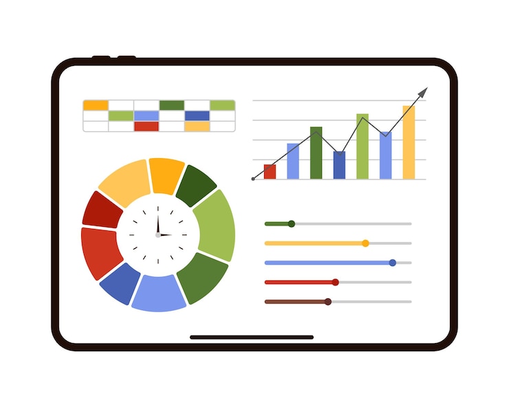 Vector statistic graphs and charts for data analysis on tablet screen
