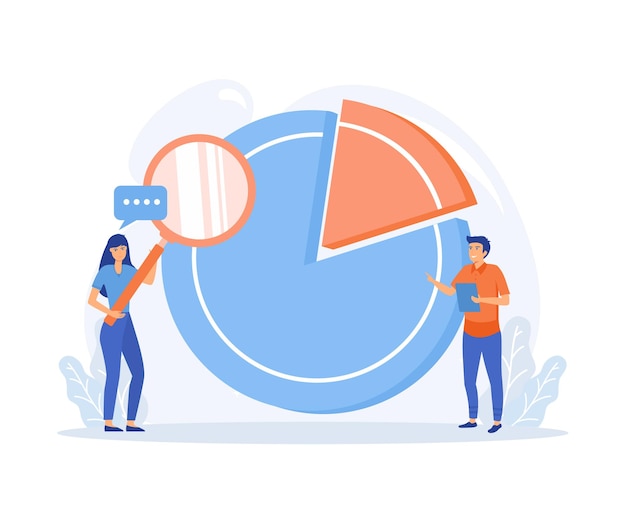 statistical analysis concept man and girl with magnifying glass look at graphs and charts work with statistics and marketing research flat vector modern illustration