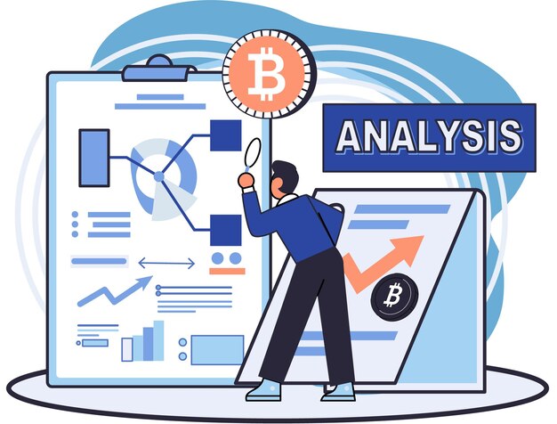 Vettore analisi statistica e piani di investimento criptovaluta banca trading digitale blockchain diagramma di analisi finanziaria tecnologia fintech bitcoin mining mercato delle criptovalute l'uomo analizza il grafico