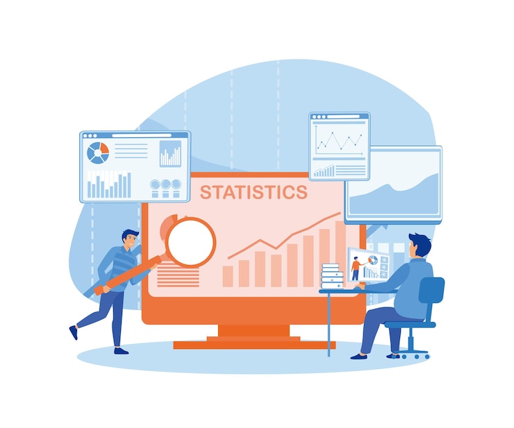 Vector statistical and data analysis for business finance investment concept with business people team working on monitor graph dashboard flat vector modern illustration