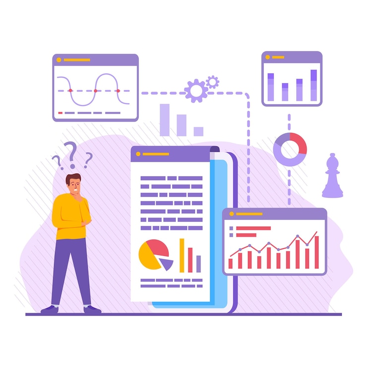Vector statistical and data analysis business finance investment office worker studying the infographic
